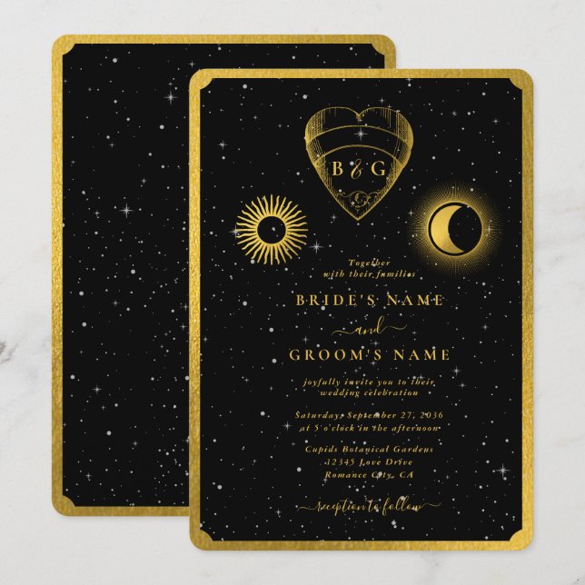 Convites Casamento Dourado das Estrelas Celestiais Crescent (Frente/Verso)
