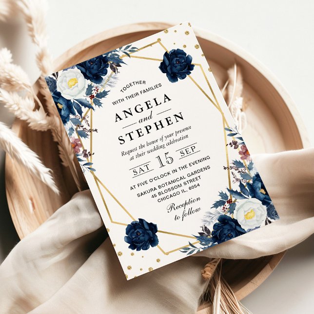 Convites Casamento Dourado das Flores Azuis e Brancas de in (Criador carregado)