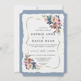 Convites Casamento Dourado das Flores Azuis e Dusty Modern