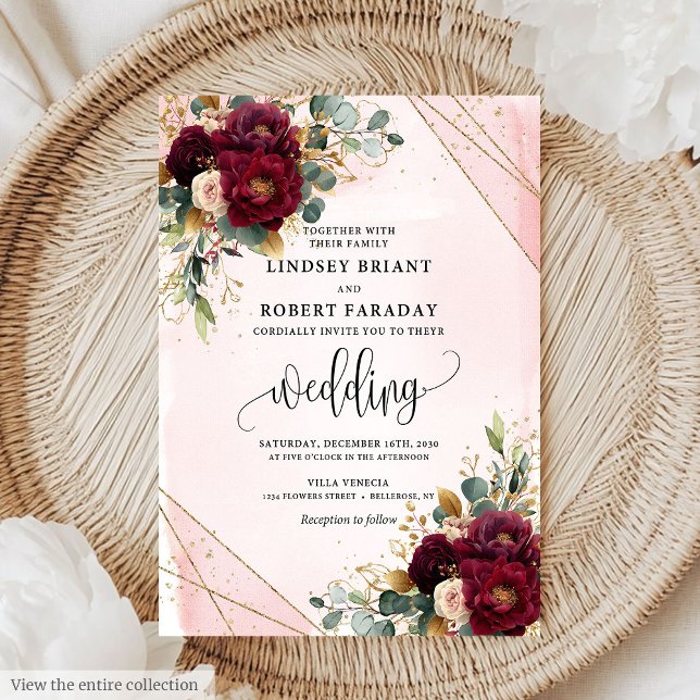 Convites Casamento Dourado das Flores Brancas Clássicas Boh (Classic Boho Merlot Gold White Flowers Wedding Invitation)