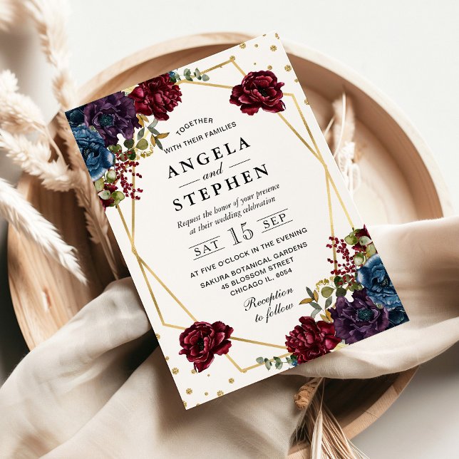 Convites Casamento Dourado das Flores de inverno Vermelhas  (Criador carregado)