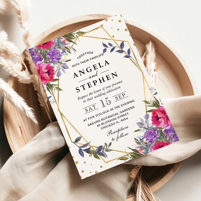 Convites Casamento Dourado das Flores de primavera Rosa e R (Criador carregado)