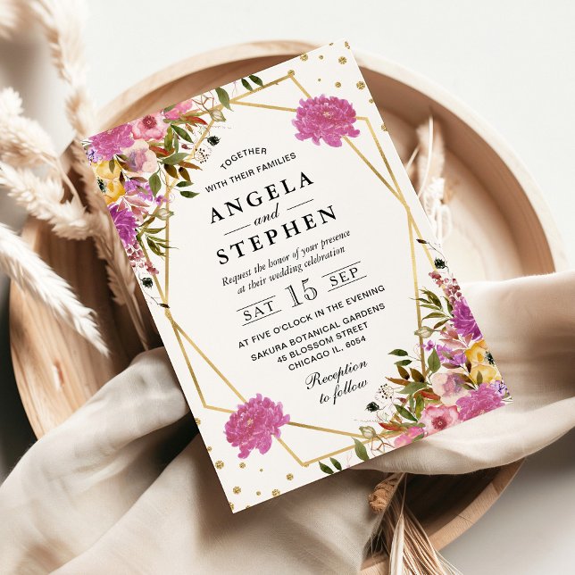 Convites Casamento Dourado das Flores de Verão Rosa e Amare (Criador carregado)