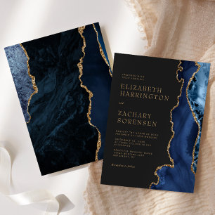 Convites Casamento Dourado de Agata Azul Elegante Marinho