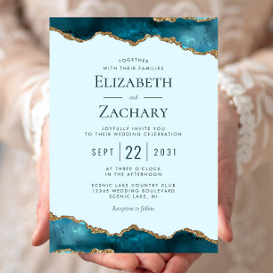 Convites Casamento Dourado de Agata Clássico Pastel Teal