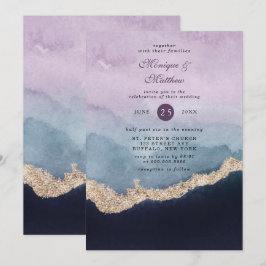 Convites Casamento Dourado de Agata com Cor Azul Púrpura