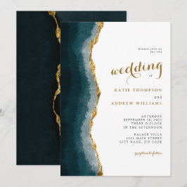 Convites Casamento Dourado de Agata Elegante Turquoise Por