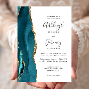 Convites Casamento Dourado de Agata Moderno do Teal