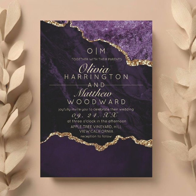 Convites Casamento Dourado de Agate com Casamento Roxo Mode (Criador carregado)