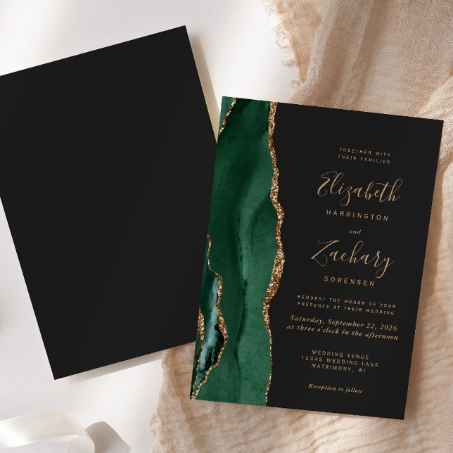 Convites Casamento Dourado de Agate Dark Emerald Green (Criador carregado)