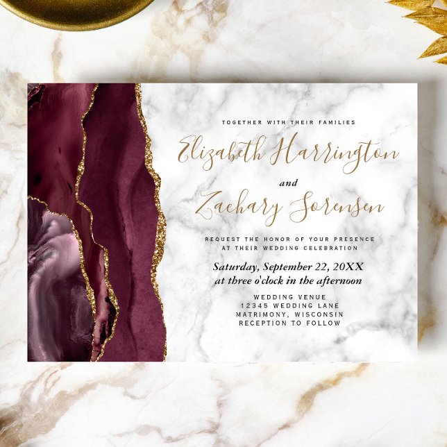 Convites Casamento Dourado de Agate Marble, Moderno Burgund (Criador carregado)