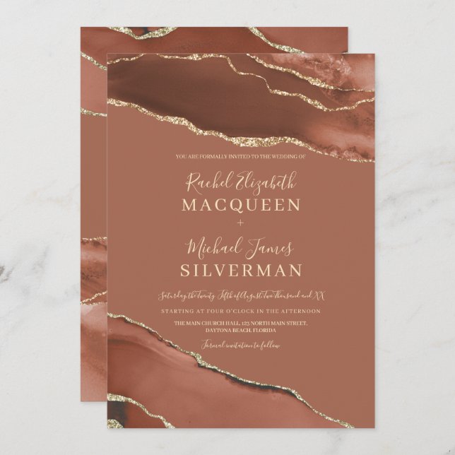 Convites Casamento Dourado de Agate Marble Terracotta (Frente/Verso)