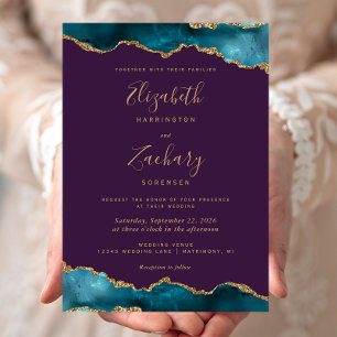 Convites Casamento Dourado de Agate Roxo Moderno Teal