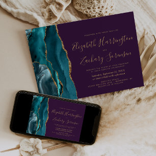 Convites Casamento Dourado de Agate Roxo Moderno Teal