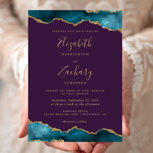 Convites Casamento Dourado de Agate Roxo Moderno Teal