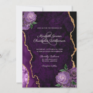 Convites Casamento Dourado de Agato Floral Roxo