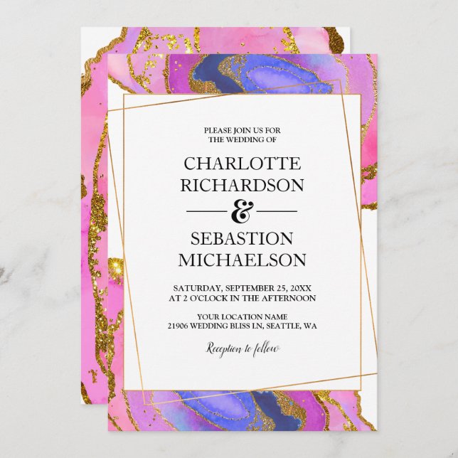 Convites Casamento Dourado de Agatos de Órmaco-d'água Rosa (Frente/Verso)