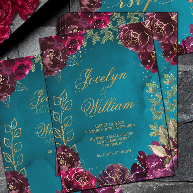 Convites Casamento Dourado de Aqua Teal Merlot Jewel Tone (Aqua Teal Merlot Gold Jewel Tone Wedding Invitation)