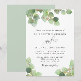 Convites Casamento Dourado de Aquarela Eucalyptus