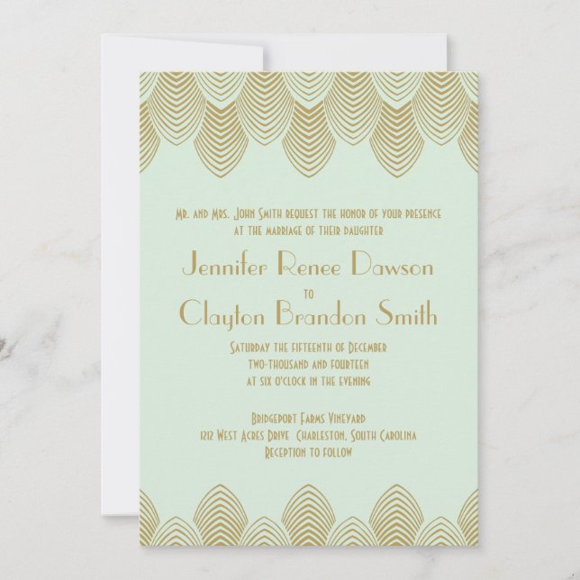Convites Casamento Dourado de Art Deco Scallop Mint da Vint (Frente)