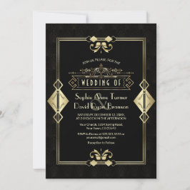 Convites Casamento Dourado de Arte Negra Deco Fleur-de-Lis
