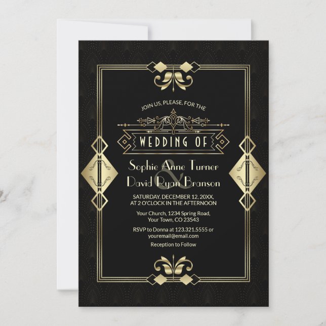 Convites Casamento Dourado de Arte Negra Deco Fleur-de-Lis (Frente)