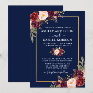 Convites Casamento Dourado de Azul Floral com Aquarela