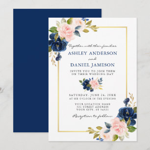 Convites Casamento Dourado de Azul-Rosa Azul-Água