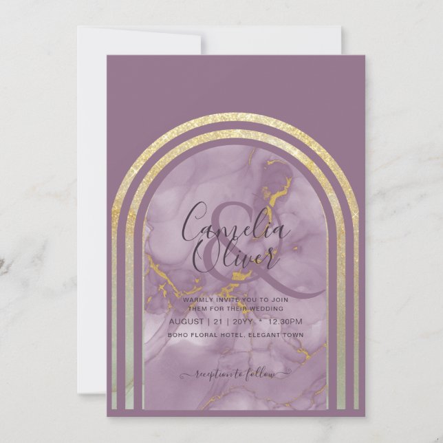 Convites Casamento Dourado de Berry Roxo Elegante (Frente)