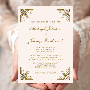 Convites Casamento Dourado de Blush de Script nos Cantos de
