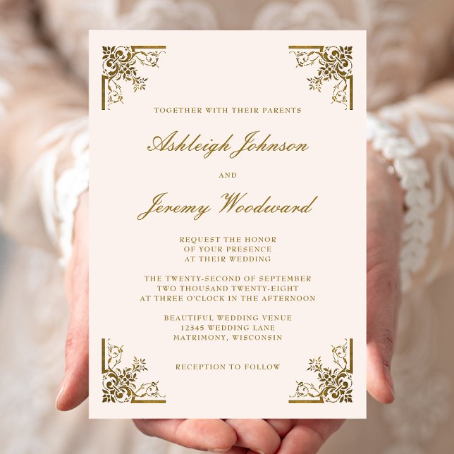 Convites Casamento Dourado de Blush de Script nos Cantos de (Criador carregado)