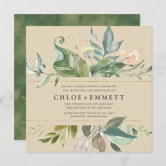 Convites Casamento Dourado de Boho Botânico Floral Rosa (Frente/Verso)