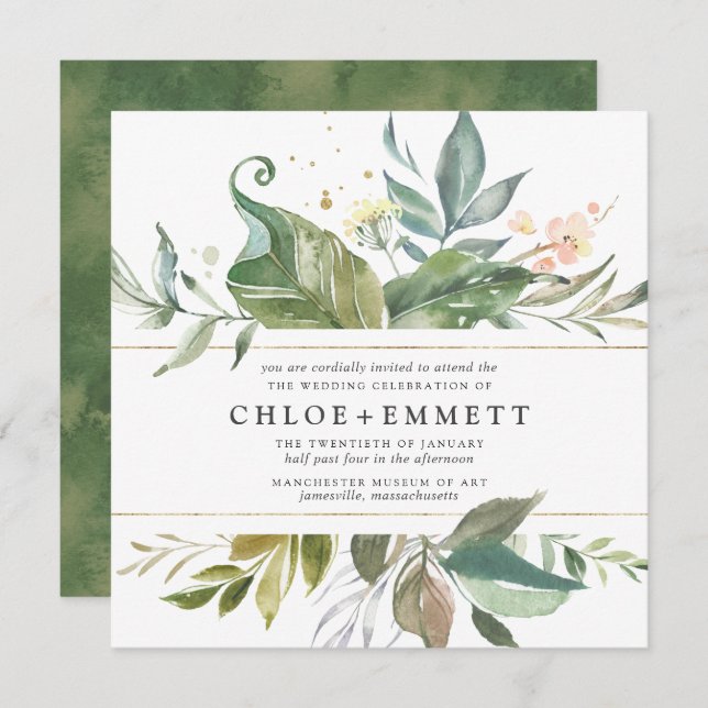 Convites Casamento Dourado de Boho Botânico Floral Rosa (Frente/Verso)