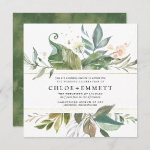 Convites Casamento Dourado de Boho Botânico Floral Rosa