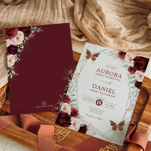 Convites Casamento Dourado de Borboleta Floral Blush Burgun