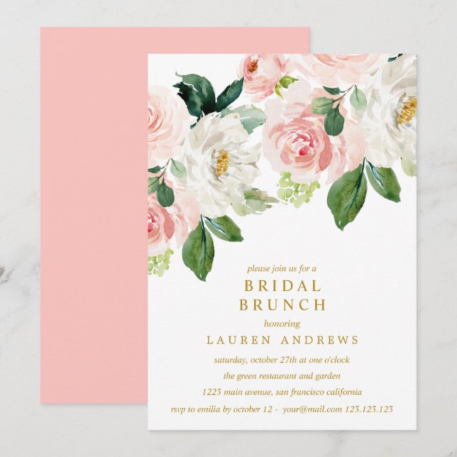 Convites Casamento Dourado de Bridal do Buquê Blush Moderno (Frente/Verso)