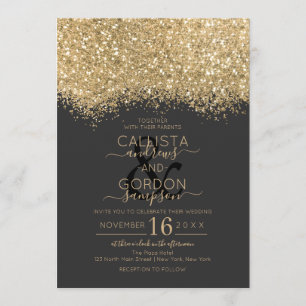 Convites Casamento Dourado de Brilhante Negra Confetti, mod