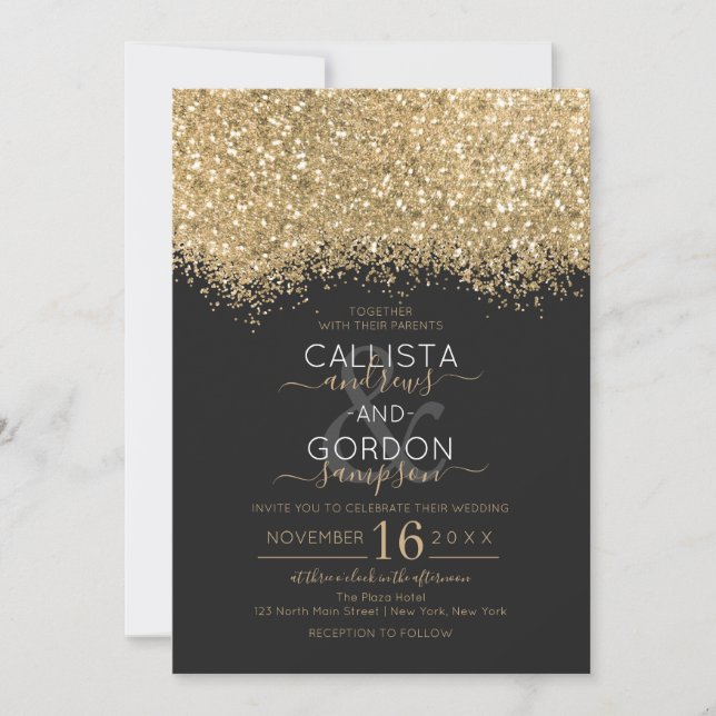 Convites Casamento Dourado de Brilhante Negra Confetti, mod (Frente)