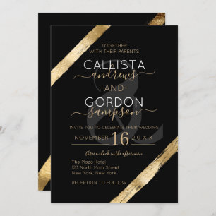 Convites Casamento Dourado de Brushstrokes, Artsy Black, de