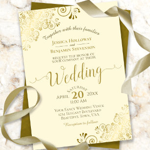 Convites Casamento Dourado de Caligrafia Elegante em Creme