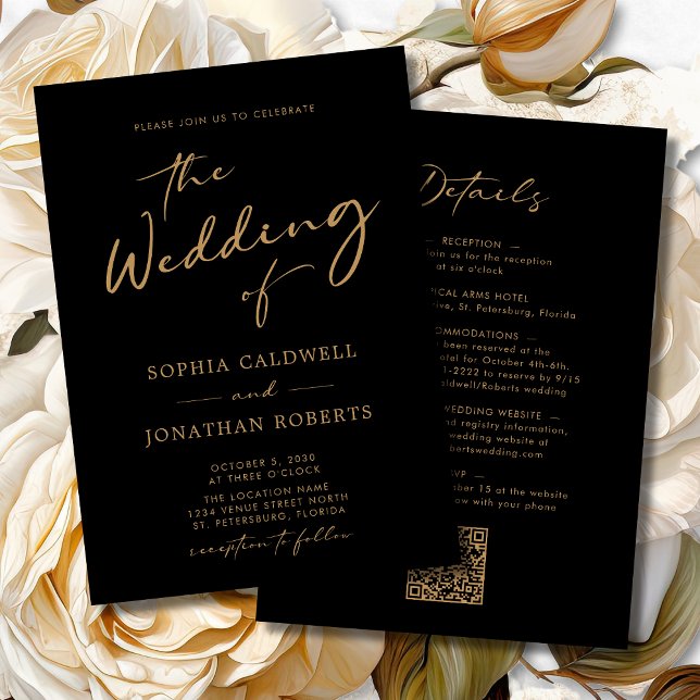 Convites Casamento Dourado de Caligrafia Moderna (Gold on Black Modern Calligraphy All in One Double Sided Wedding Invitation)