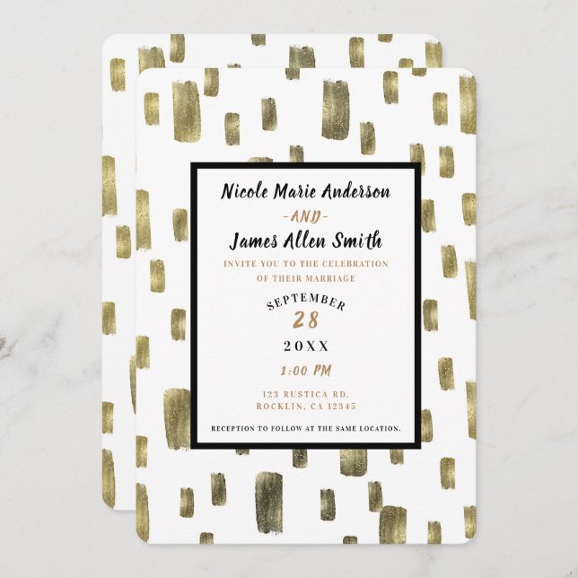 Convites Casamento Dourado de Cobre de Pinta Moderna (Frente/Verso)