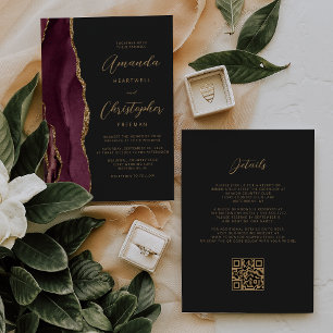Convites Casamento Dourado de Código QR de Agate Dark
