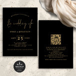 Convites Casamento Dourado de Código QR de Script Minimalis<br><div class="desc">Casamento Dourado com Código QR de Script Minimalista. Disponível digitalmente e impresso. elegância clássica em preto e ouro com este design de texto. O Casamento de está em um roteiro de na moda, e o resto das palavras que você pode personalizar facilmente. No verso, adicione um código QR ao seu...</div>