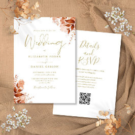 Convites Casamento Dourado de Código QR Floral de outono