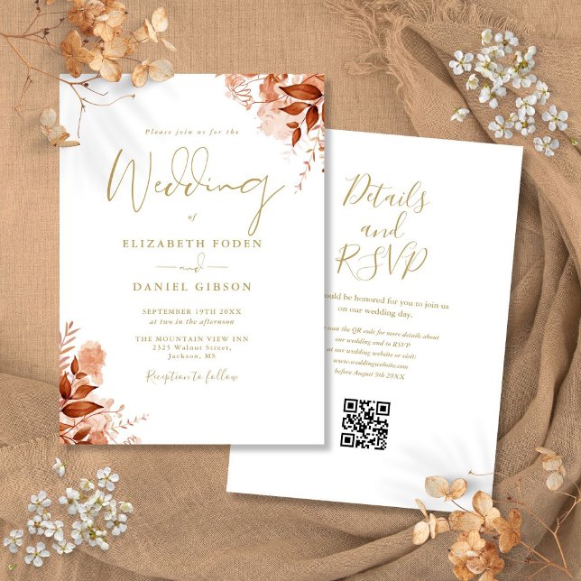 Convites Casamento Dourado de Código QR Floral de outono (Gold Autumn Fall Floral QR Code Wedding Invitation)