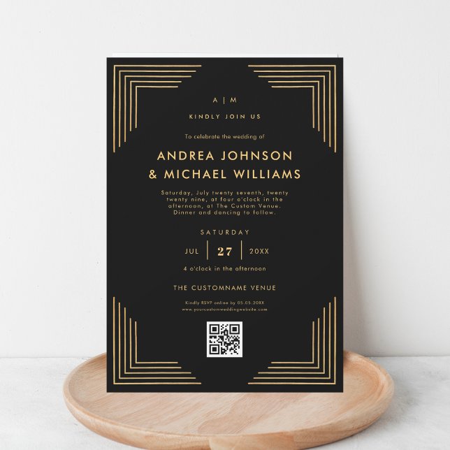 Convites Casamento Dourado de Código QR Preto Minimalista (Criador carregado)
