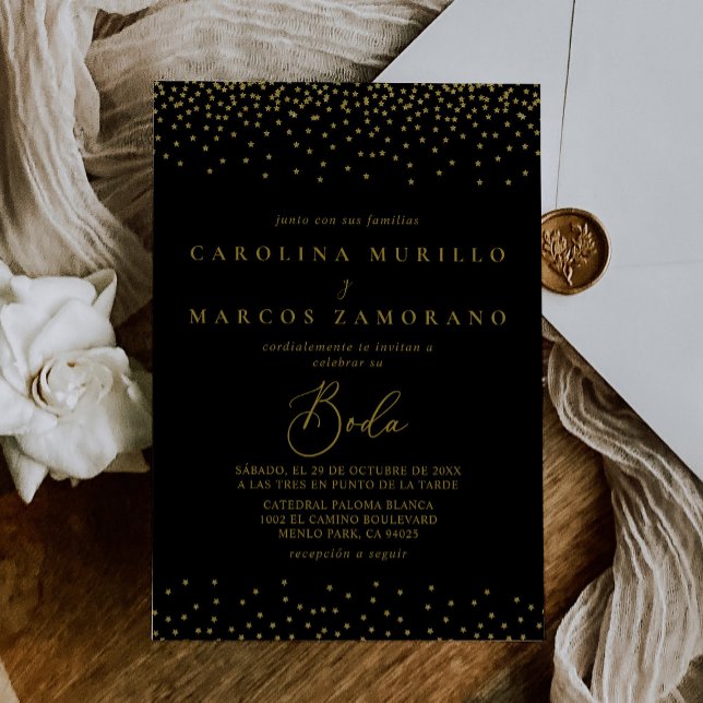 Convites Casamento Dourado de Confetti Boho Negro Boda (Criador carregado)