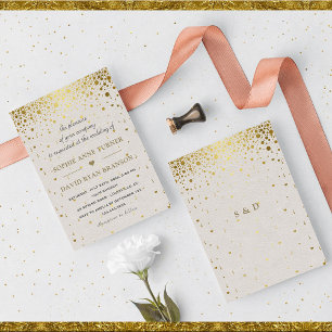 Convites Casamento Dourado de Confetti com Couro Branco Ele