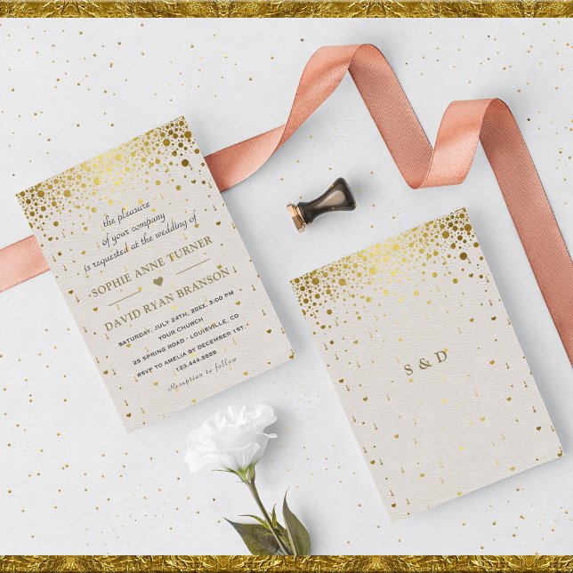Convites Casamento Dourado de Confetti com Couro Branco Ele (elegant trendy gold confetti leather wedding invitation)